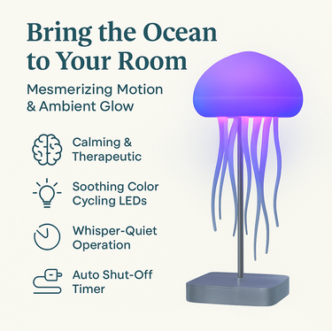 Jellyfish-shaped lamp with purple light on a white background, featuring text about its features.